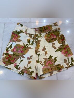 Rebecca Taylor Floral Shorts in Cream, Pink & Green Denim